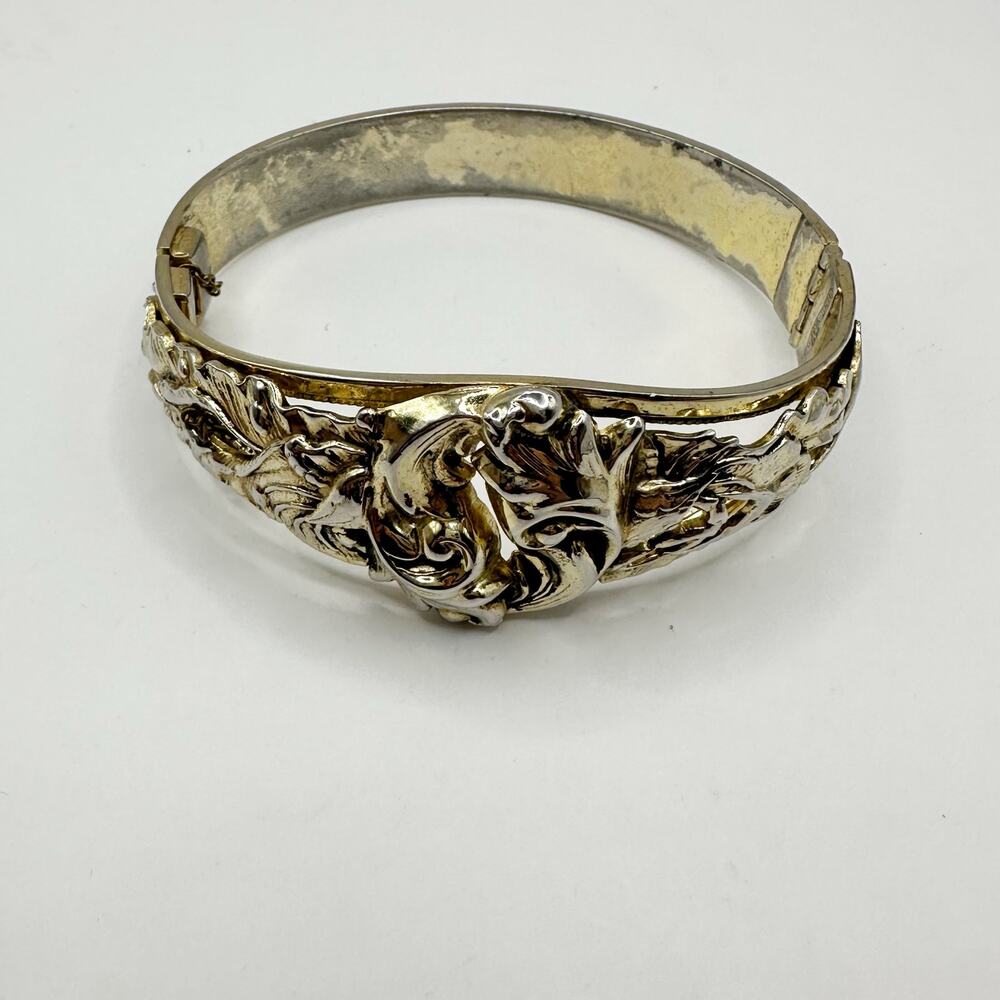 Whiting & Davis Bracelet Designer Hinge Bangle Vintage Retro Jewelry Leaf Cutout